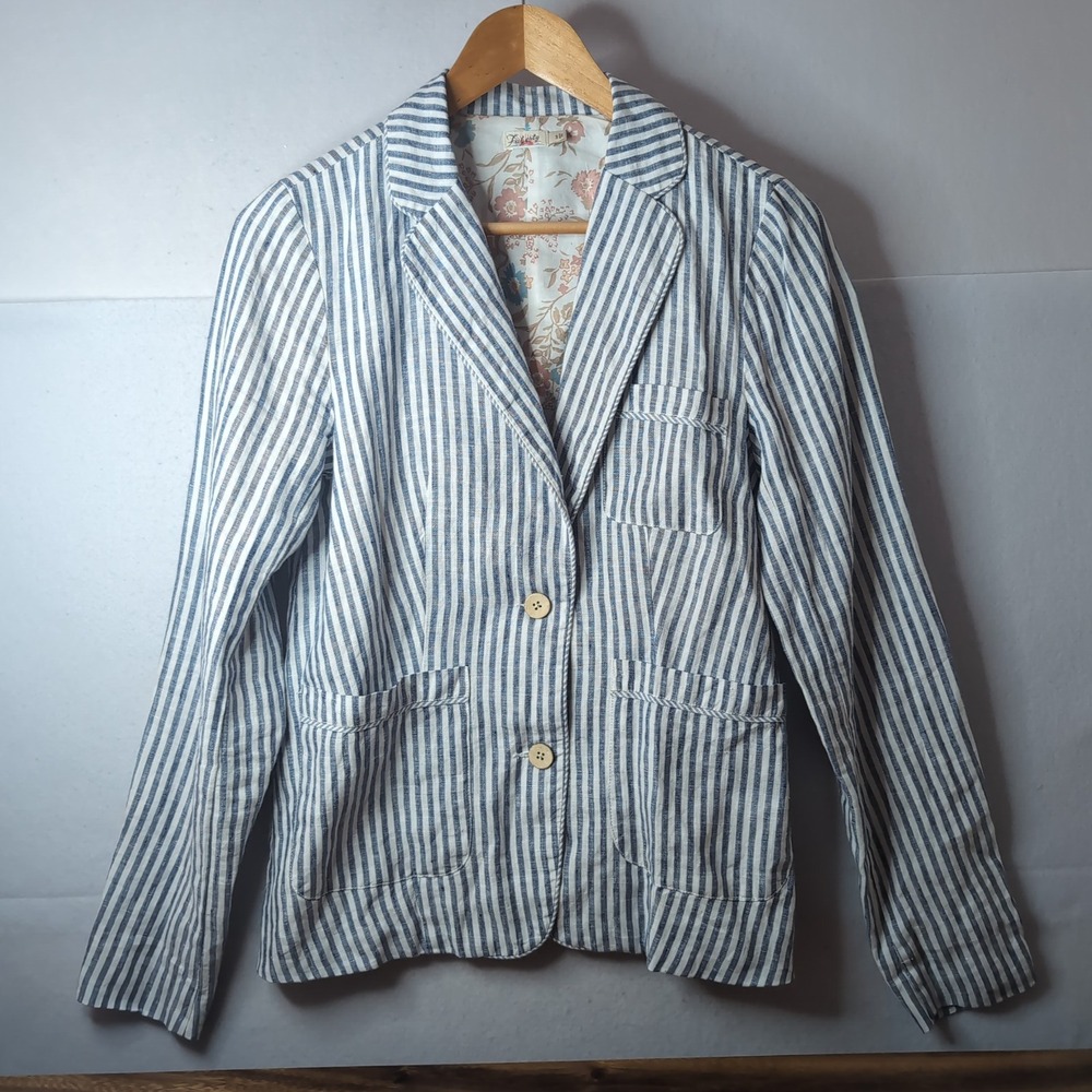 Faherty Womens Blue White Striped Linen Blazer Jacket Floral Lining Small